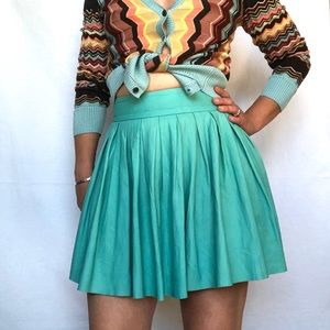 Alice+Olivia Teal Lambskin Box Pleat Skater Skirt